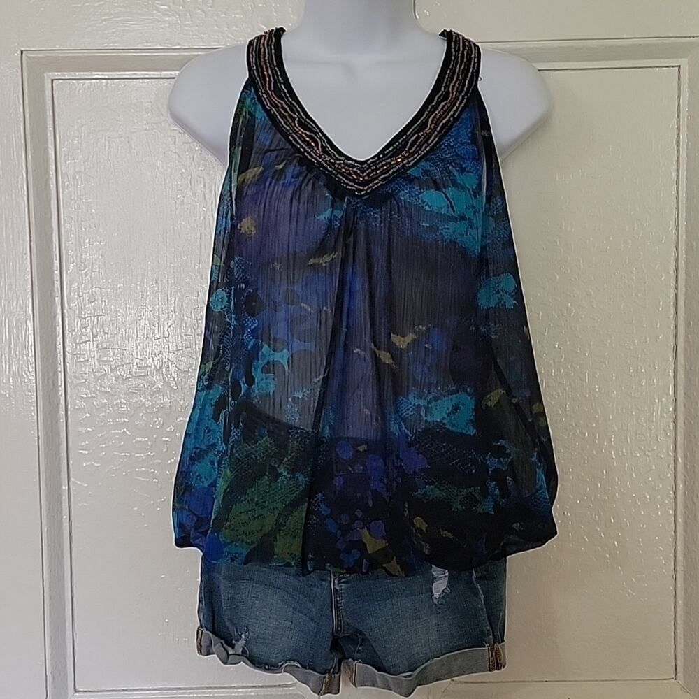 NWT Women's Blue & Teal dressy tank with beaded neckline XL Buckle Brand
